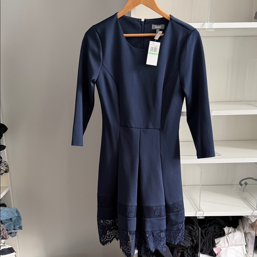 Neiman Marcus Navy Blue Dress with Lace Trim